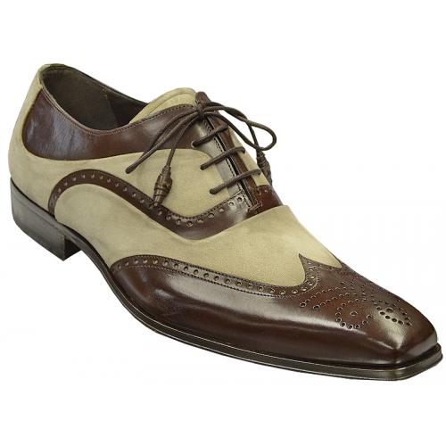 Mezlan "Campeche" Brown / Taupe Genuine Suede / Calf Skin Wingtip Shoes With Perforated Design 15353